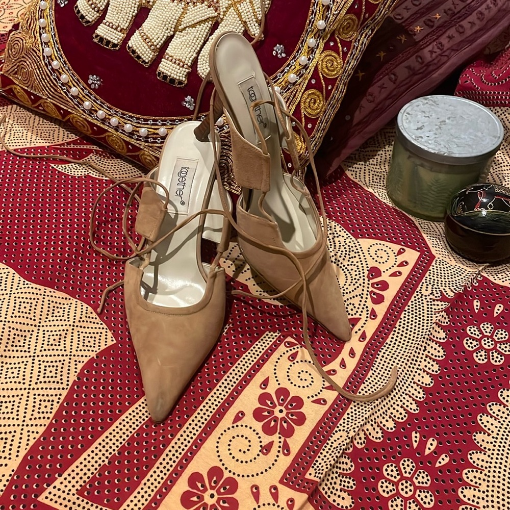 Pre-loved sexy Together beige wood stacked genuine suede leather heels